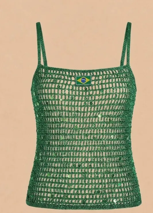 Top Brasil Verde — Crochê com lantejoulas e etiqueta bandeira do Brasil — quatro cores